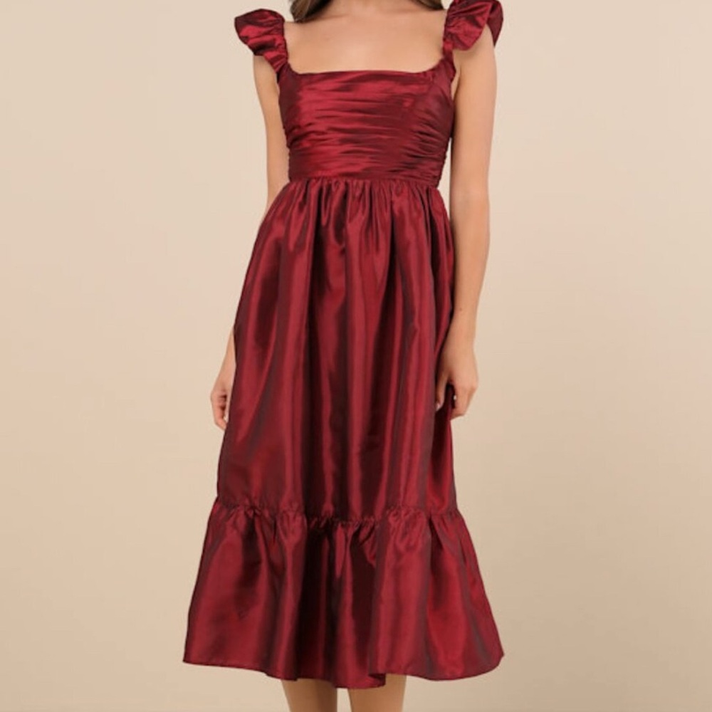 Poised Passion Wine Red Taffeta Pleated Ruffled Midi Dress*Missing string* pic 8